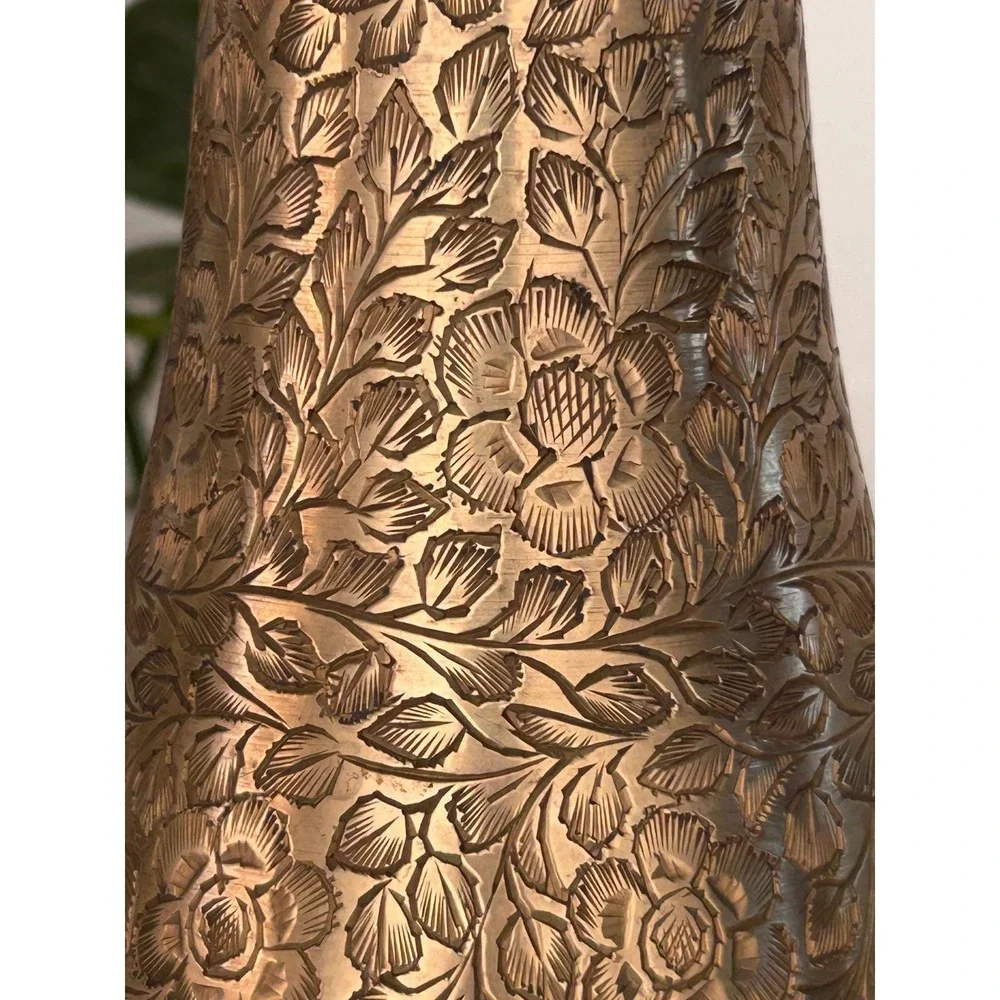 Vintage Etched Brass Floral Vase Made in India BIC 513 Boho Decor 7.5 Inch
